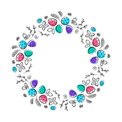 Vector linear illustration of Easter wreath made of flowers and eggs and feathers 