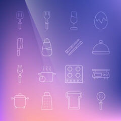 Set line Spatula, Electronic scales, Covered with tray of food, Wine glass, Salt, Meat chopper, Barbecue spatula and Food chopsticks icon. Vector