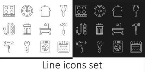 Set line Oven, Hammer, Cooking pot, Trash can, Electric extension, Gas stove, Bathtub and Clock icon. Vector