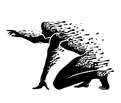 Silhouette of a man. Isolated illustration of a man. Paint splatter. The silhouette of a man dissolves. Black and white illustration of a man.