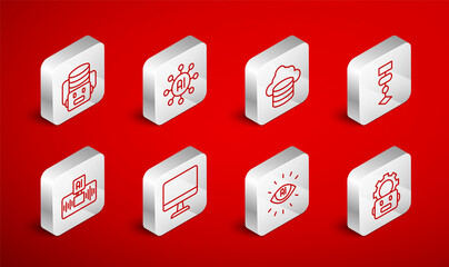 Set line Robot setting, Neural network, Cloud database, Algorithm, Artificial intelligence AI, robot, Computer monitor and icon. Vector