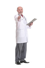 Middle age senior hoary doctor man holding clipboard over isolated background pointing with finger to the camera and to you