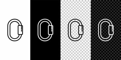 Set line Carabiner icon isolated on black and white background. Extreme sport. Sport equipment. Vector Illustration