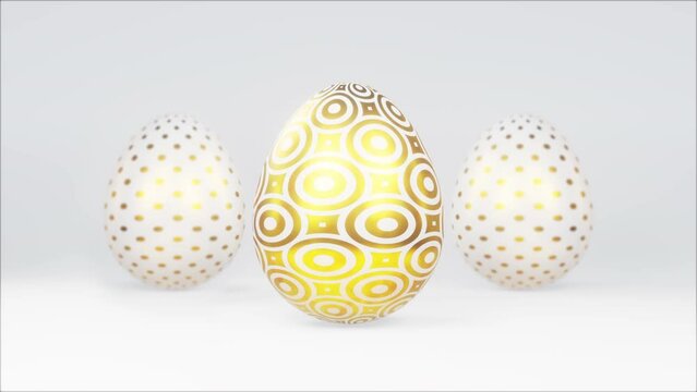 Golden Easter eggs rotate on a bright background. A Happy Easter greeting card 3D Animation Rendering