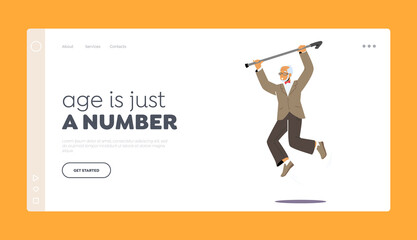 Happy Old Male Character Celebrate Success, Victory Landing Page Template. Adult Businessman Bearded Man Pensioner Joy