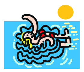 Cartoon style illustration of happy woman swims on her back.
Line drawing illustration of young girl lies on her back.Holiday concept.