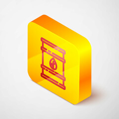 Isometric line Bio fuel barrel icon isolated on grey background. Eco bio and canister. Green environment and recycle. Yellow square button. Vector