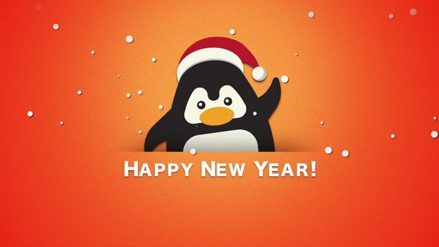 Happy New Year with funny penguin waving, motion holidays and winter style background for New Year and Merry Christmas