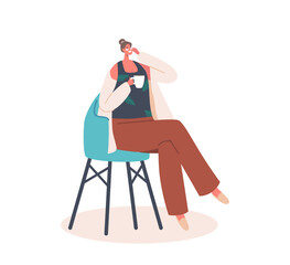 Woman Applying Natural Mask while Drinking Tea. Female Character with Eye Pads Apply Moisturizing Cosmetics, Spa