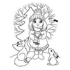 Girl with a cup of coffee in the winter forest with a fox and a bunny. Coloring.