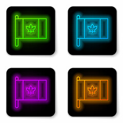 Glowing neon line Flag of Canada icon isolated on white background. North America country flag on flagpole. Black square button. Vector