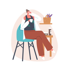 Woman Applying Natural Mask. Female Character with Eye Pads Drink Tea while Apply Moisturizing Mask, Bath Spa, Hygiene