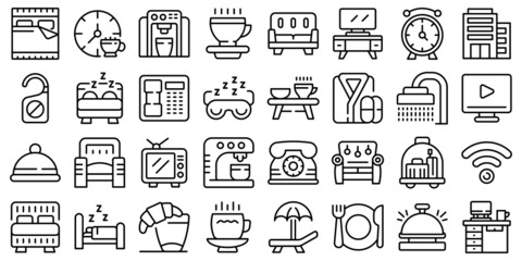 Coffee in bed icons set outline vector. Morning night. Relax breakfast