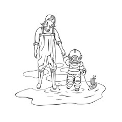 Mom leads the child by the hand. Spring puddles. A boy in an underwater suit, a woman in waders