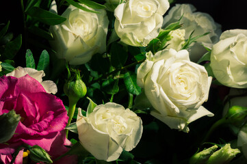 Beautiful natural background for valentine day, 8 march, and love theme, colorful bouquet of different fresh roses, close up, vintage style.