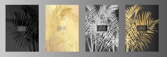 Tropical cover design set with golden leaves, palm tree pattern. Exotic floral vector background for brochure, luxury menu, sale flyer, summer template, eco catalog.