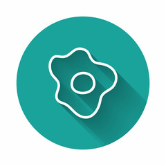White line Scrambled eggs icon isolated with long shadow background. Home cooked food, fried egg, healthy breakfast, omelet icon. Green circle button. Vector
