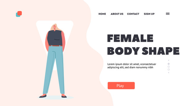Female Character Body Shape Landing Page Template. Woman with Inverted Triangle Body Posing in Blue Jeans and Black Top