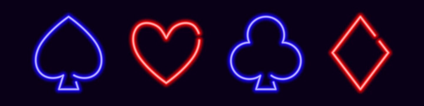 Neon card suit symbols. Blue clubs and spades for a gambling poker game. Glowing heart and diamonds for lucky vector win and jackpot