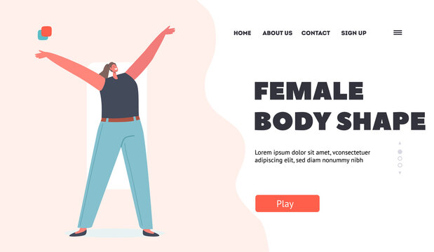 Female Character Figure Types Landing Page Template. Woman with Rectangle Body Shape Rejoice with Raised Hands