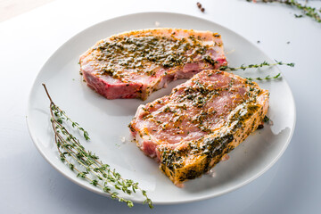 Marinated pork steak ready for cooking, Meat for BBQ