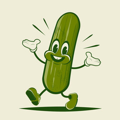 funny cartoon illustration of a happy cucumber in retro style