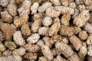 Dried mulberry fruits background and texture,top view