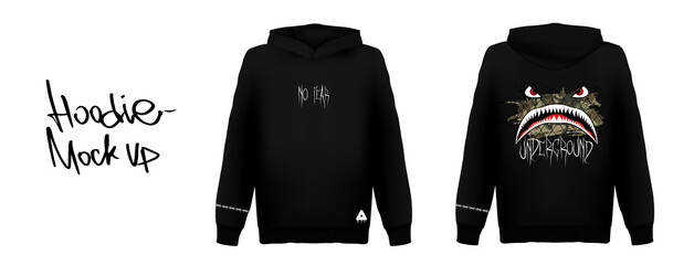 Motivational inscription and shark bombers design on Hoodie. Stylish t-shirt and clothes trendy street design. Tee template design. Mockup Hoodie or t-shirt with lettering and art. Vector print