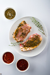 Set of different sauces for barbecue, tomato sauce on white background copy space