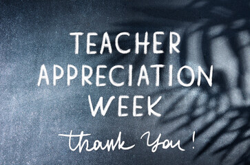 Teacher Appreciation Week school banner. White chalk lettering on black scholboard background with palm leaves shadows. Text 