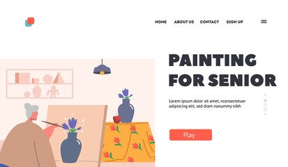 Fototapeta premium Painting for Senior Landing Page Template. Old Woman Artist Hold Paintbrush in Hand in Front of Canvas on Easel Drawing