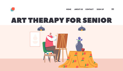Art Therapy for Senior Landing Page Template. Aged People Hobby, Old Man Artist Creative Occupation, Old Male Painter