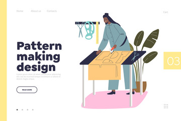 Pattern making design concept of landing page with woman sewer drawing and cutting paper sketch