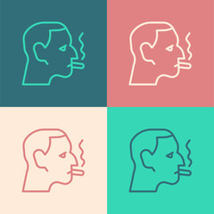 Pop art line Man smoking a cigarette icon isolated on color background. Tobacco sign. Vector