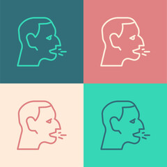 Pop art line Man coughing icon isolated on color background. Viral infection, influenza, flu, cold symptom. Tuberculosis, mumps, whooping cough. Vector