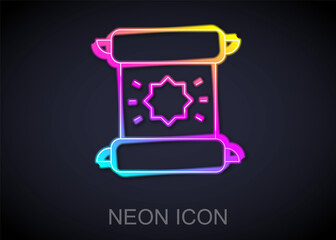 Glowing neon line Decree, paper, parchment, scroll icon icon isolated on black background. Vector