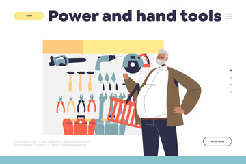 Power and hand tools concept of landing page with man in hardware store choosing equipment