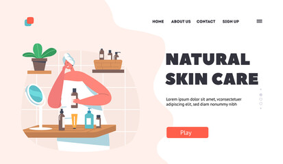 Fototapeta premium Natural Skin Care Landing Page Template. Woman Apply Cosmetics Mask. Female Character with Cosmetic Jars and Bottles