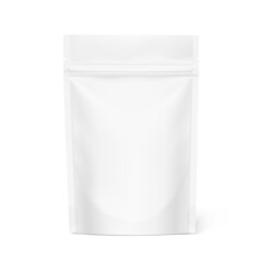 Realistic stand up pouch bag mockup isolated on white background. Vector illustration. Front view. Perfect to make final pack shot your product. EPS10.	