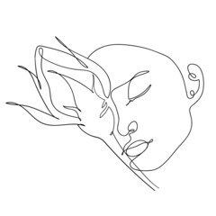 Vector hand drawn line art of a female face with a rose bud. Simple minimalist portrait of a young woman for label, logo or packaging design. 