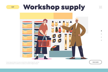 Workshop supply concept of landing page with woman customer buying gloves for renovation