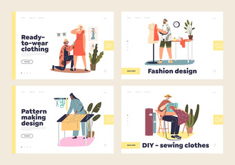 Sewing clothes concept landing pages set with people working in atelier or studio tailoring clothing
