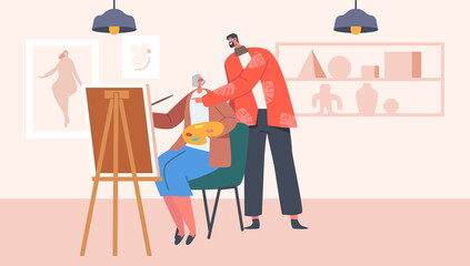 Senior Lady Learn Drawing in Studio with Help of Teacher, Elderly Female Character Enjoying Creative Hobby in Art Class