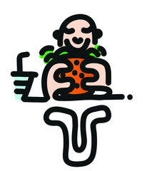 Cartoon style illustration of man eating lunch at cafe.
Line drawing illustration of happy man eating burger.