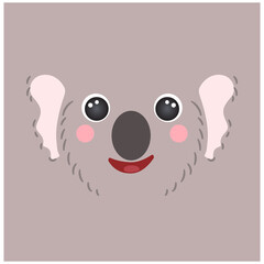 Cute koala bear portrait square smile head cartoon round shape animal face, isolated vector icon illustration. Flat simple character hand drawn for kids poster, UI app avatar, t-shirts, baby clothes