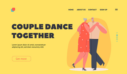 Happy Elderly Characters Dance Landing Page Template. Loving Aged Couple Romantic Relations. Senior Man and Woman