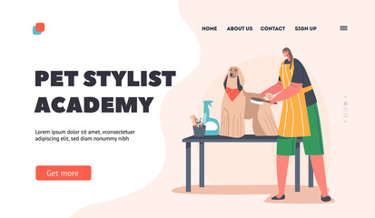 Animals Care Salon Landing Page Template. Friendly Hairdresser Female Character Provide Grooming Service, Combing Dog