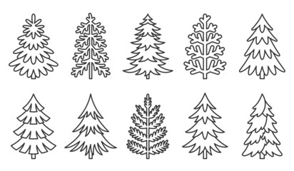 Obraz premium Christmas tree icon nature simple black line set. Holiday object linear pattern card sticker different shape. Forest evergreen sticker collage decor new year advertising elegant outline isolated white