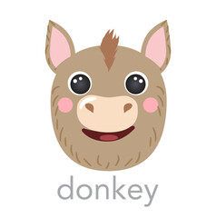 Donkey Cute portrait with name text smile head cartoon round shape animal face, isolated avatar vector icon illustrations on white background. Flat simple hand drawn for kids poster, t-shirts, baby