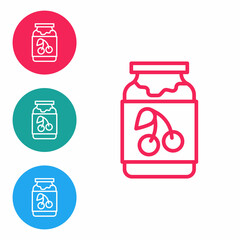 Red line Jam jar icon isolated on white background. Set icons in circle buttons. Vector